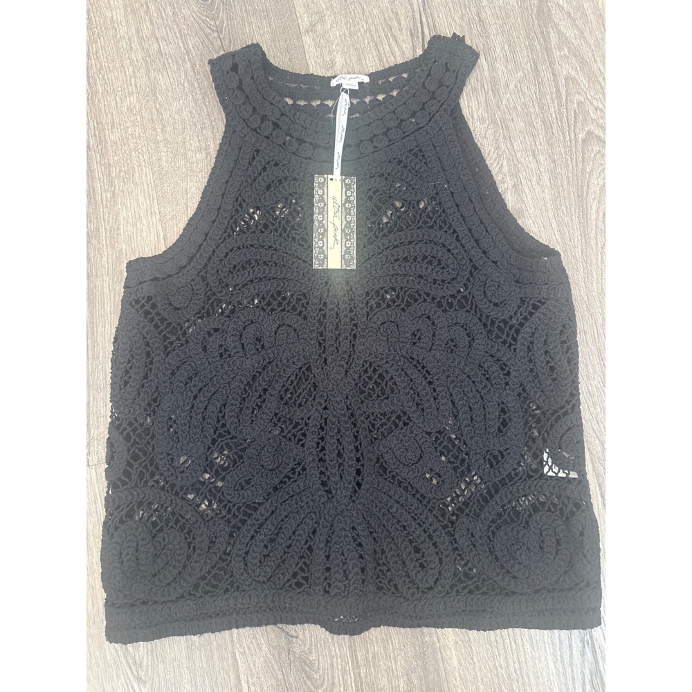 Ultra Pink Black Crochet Sleeveless Top Boho High Neck NWT Size L